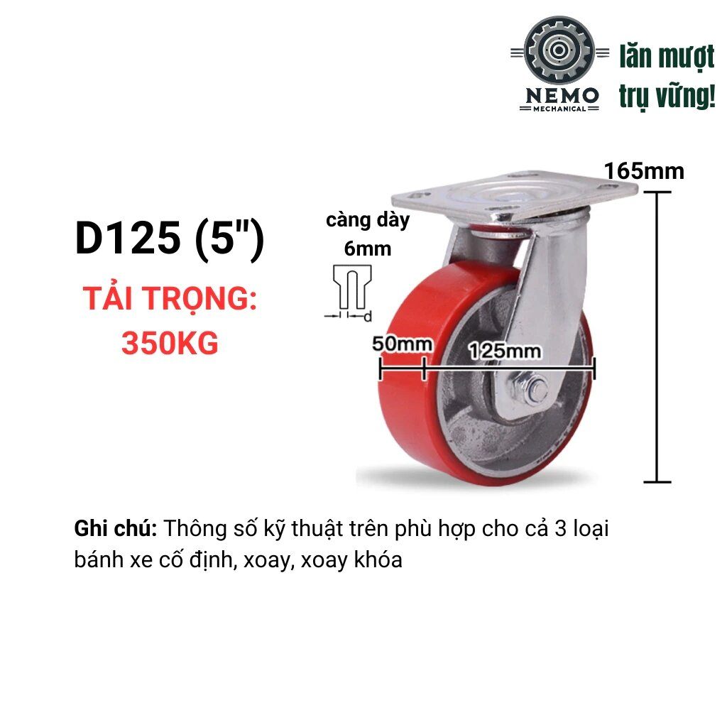 Bánh xe PU gang tải nặng, mặt bích, chất liệu bền bỉ, D100mm - 200mm, tải 300 – 450kg